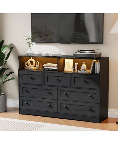gaomon 7 Drawer Dresser with Led Lights and Charging Station, Wood Storage Cabinet Open Shelves for Bedroom