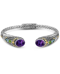 Devata Amethyst, Peridot, Blue Topaz and Filigree Cuff Bracelet Sterling Silver 18K Gold Accents