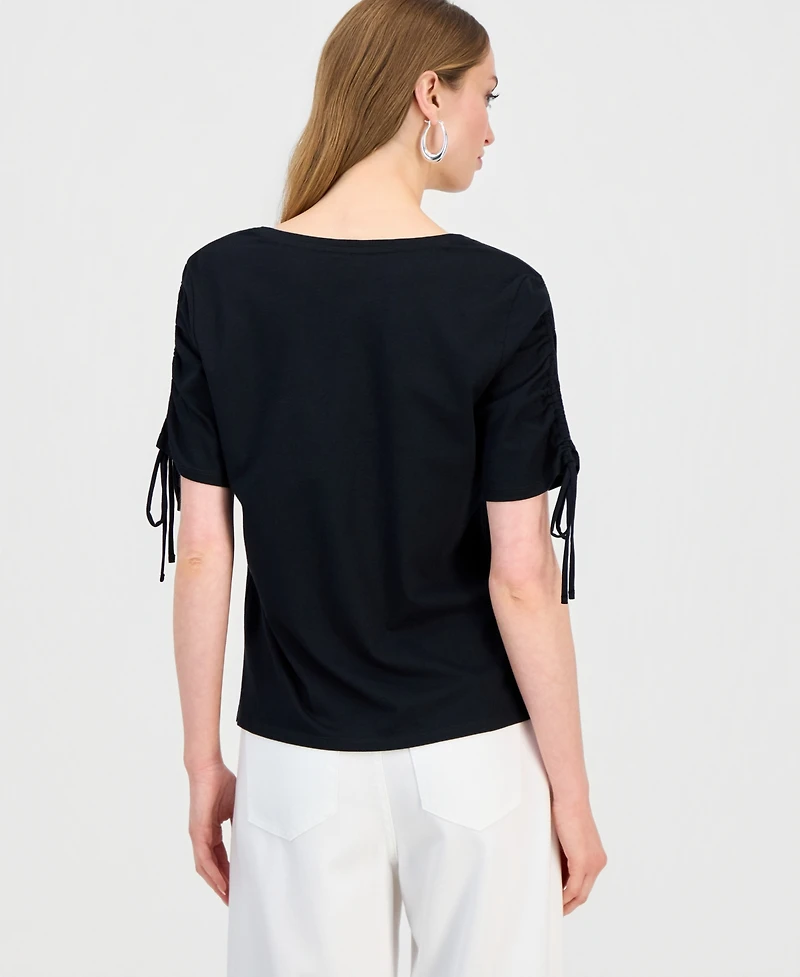I.n.c. International Concepts Women's Ruched-Sleeve V-Neck Cotton T-Shirt, Macy's Exclusive