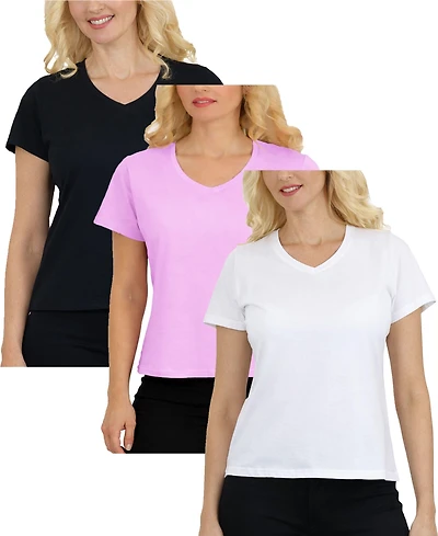 Galaxy By Harvic Women's Divatee Relaxed Fit V-Neck Short Sleeve T-Shirt-3 Pack