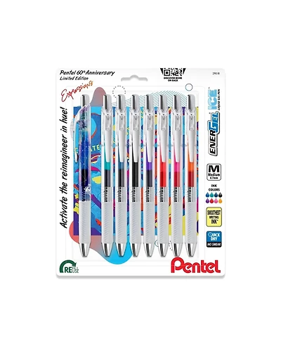 Pentel EnerGel Expressions, 60th Anniversary Limited Edition Pack, Ice Liquid Gel Pens, (0.7mm) Medium Line, Assorted Ink, 8-Pk