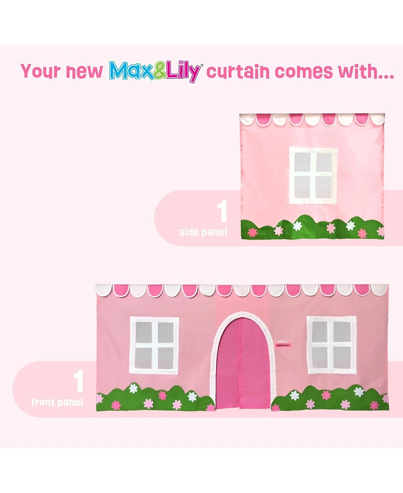 Max & Lily Low Twin over Bunk With Stairs, Easy Slide and Light Pink White Farmhouse Curtain