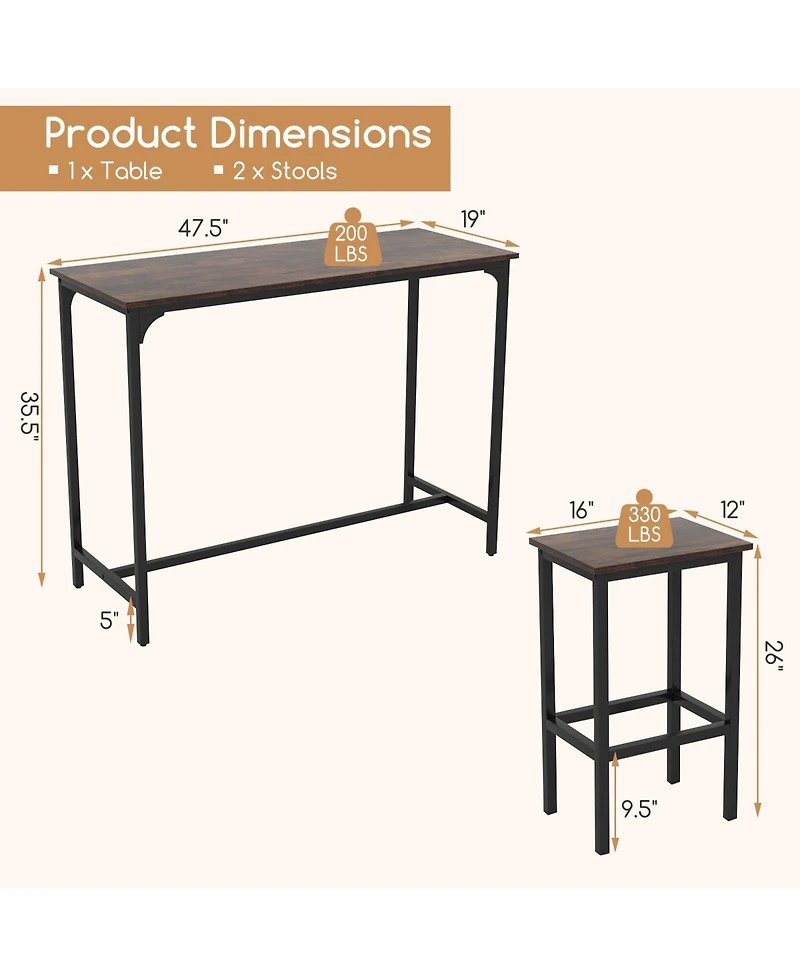 Slickblue 3 Piece Industrial Dining Table Set Counter Height with 2 Stools