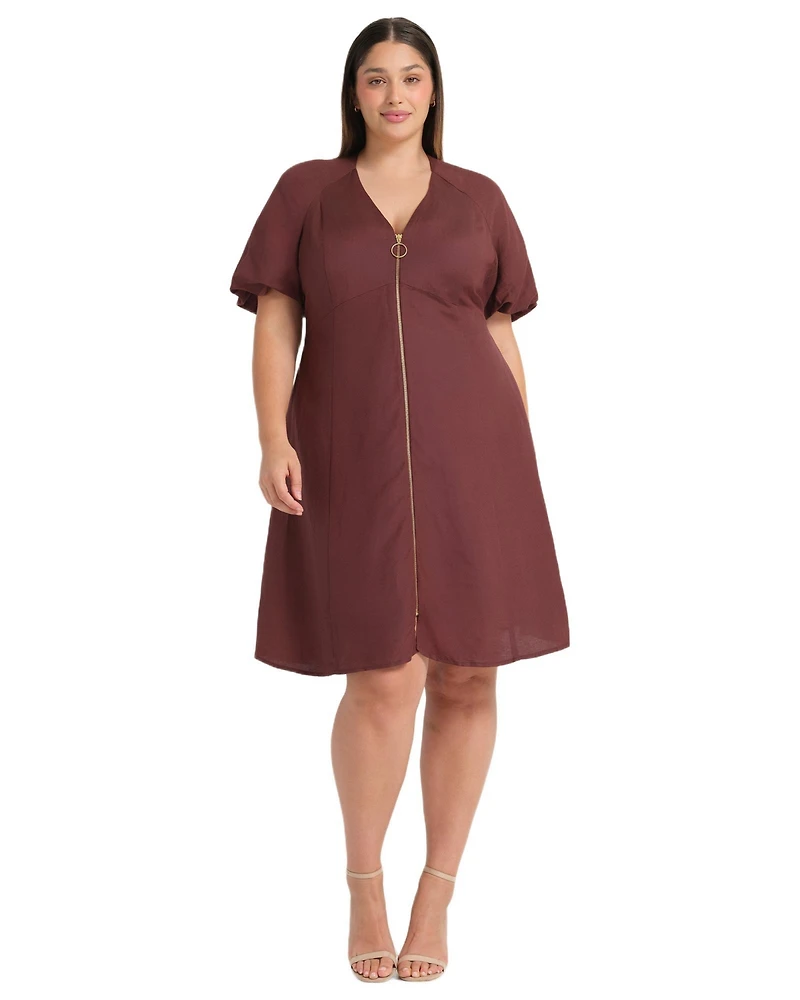 Estelle Women's Heather Linen Zip-Front Fit Flare Mini Dress