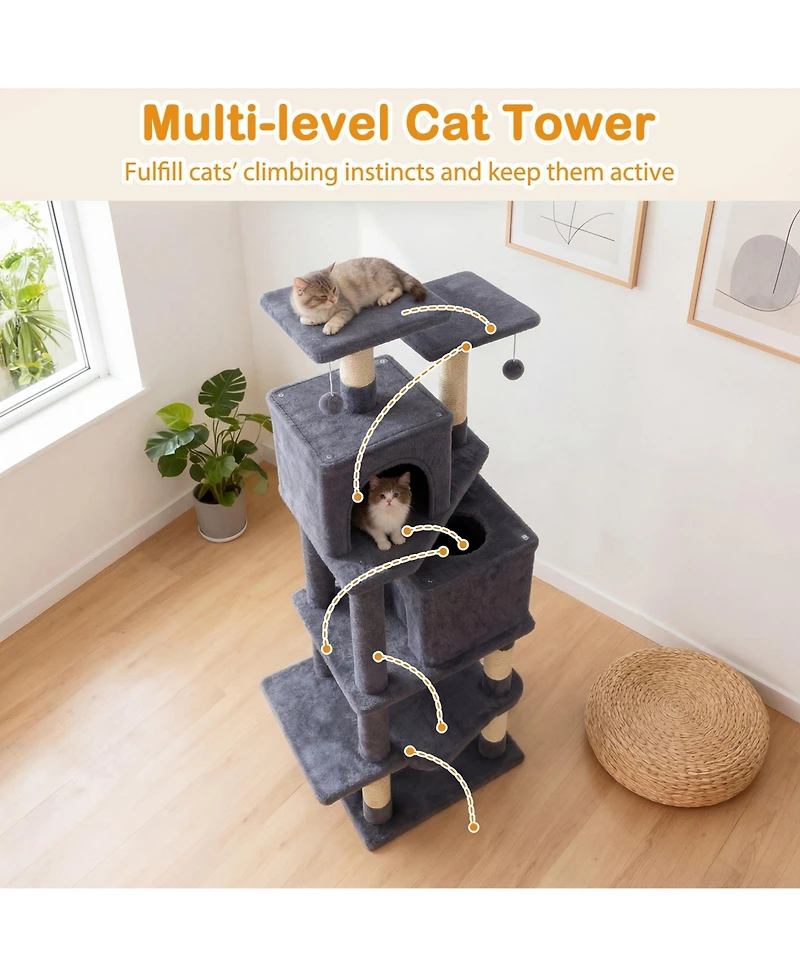 Cozito Cat Tree 57 inch with Dual Condos and Hammock Dangling Toys