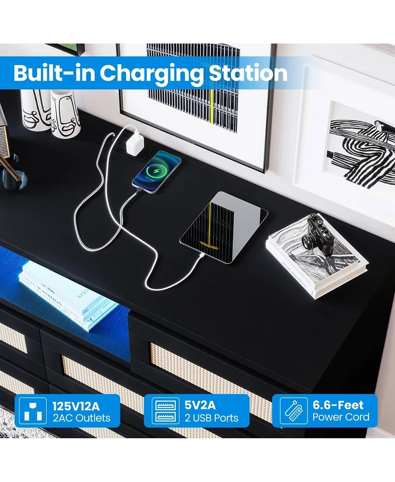 gaomon 6 Drawer Rattan Dresser with Led Lights and Charging Station, Modern Double Chest