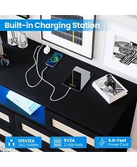 gaomon 6 Drawer Rattan Dresser with Led Lights and Charging Station, Modern Double Chest