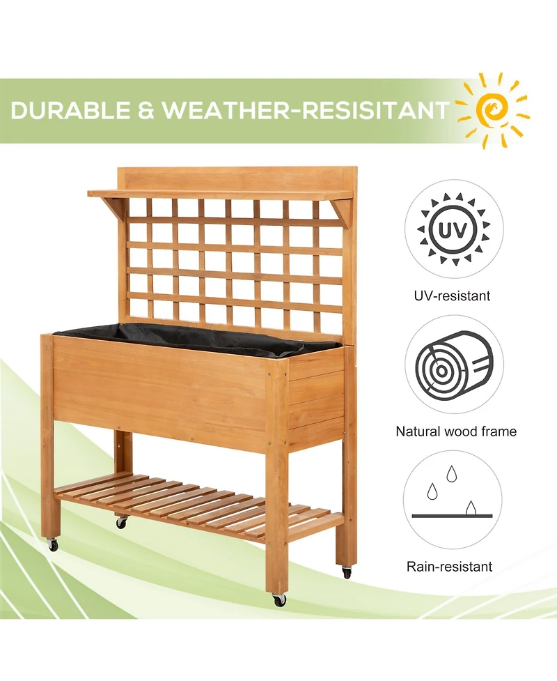 Outdoor Wooden Elevated Plant Bed w/ Shelves for Tool Storage & Wheels