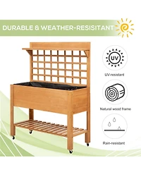 Outdoor Wooden Elevated Plant Bed w/ Shelves for Tool Storage & Wheels