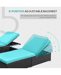 Outsunny 3 Piece Rattan Wicker Chaise Lounge Set, Cushioned Poolside Reclining Lawn Chairs with Tempered Glass Outdoor Side Table, Teal