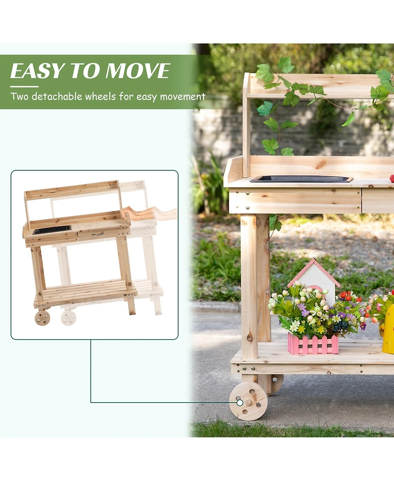 Wood Potting Bench Workstation Table w/ Storage Cabinet, Shelf Natural