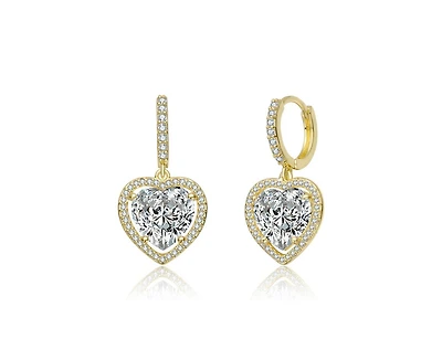 14K Gold Plating with Clear Cubic Zirconia Heart Drop Hoop Earrings