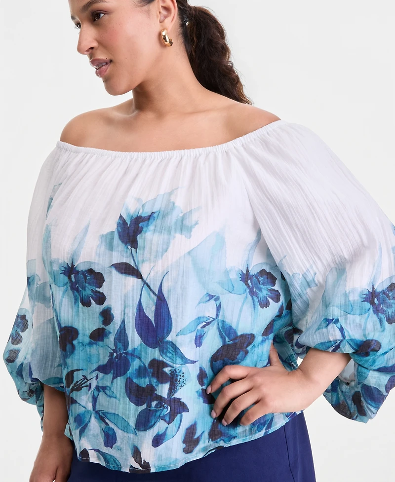 I.n.c. International Concepts Plus Printed Off-The-Shoulder Puff-Sleeve Blouse, Macy's Exclusive
