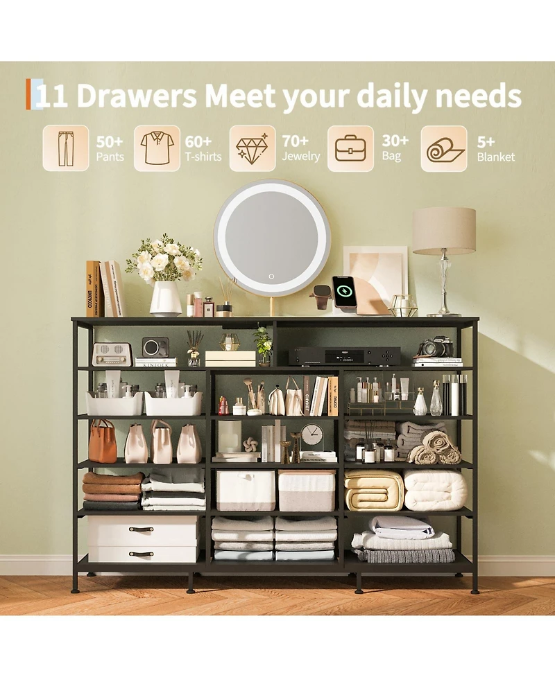 gaomon 11 Drawer Fabric Dresser with Led Lights and Power Outlet, Storage Cabinet Open Shelves