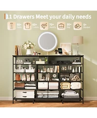 gaomon 11 Drawer Fabric Dresser with Led Lights and Power Outlet, Storage Cabinet Open Shelves