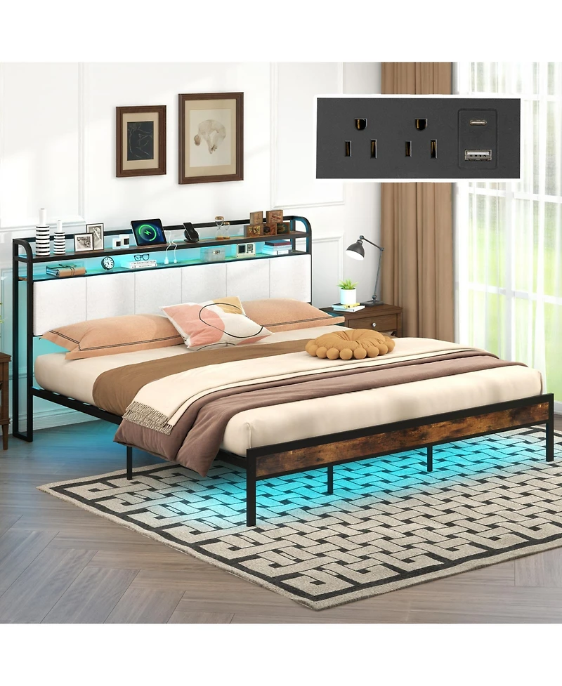 Slickblue Modern Bed Frame with Led Lighting and Charging Station, Storage Platform Design