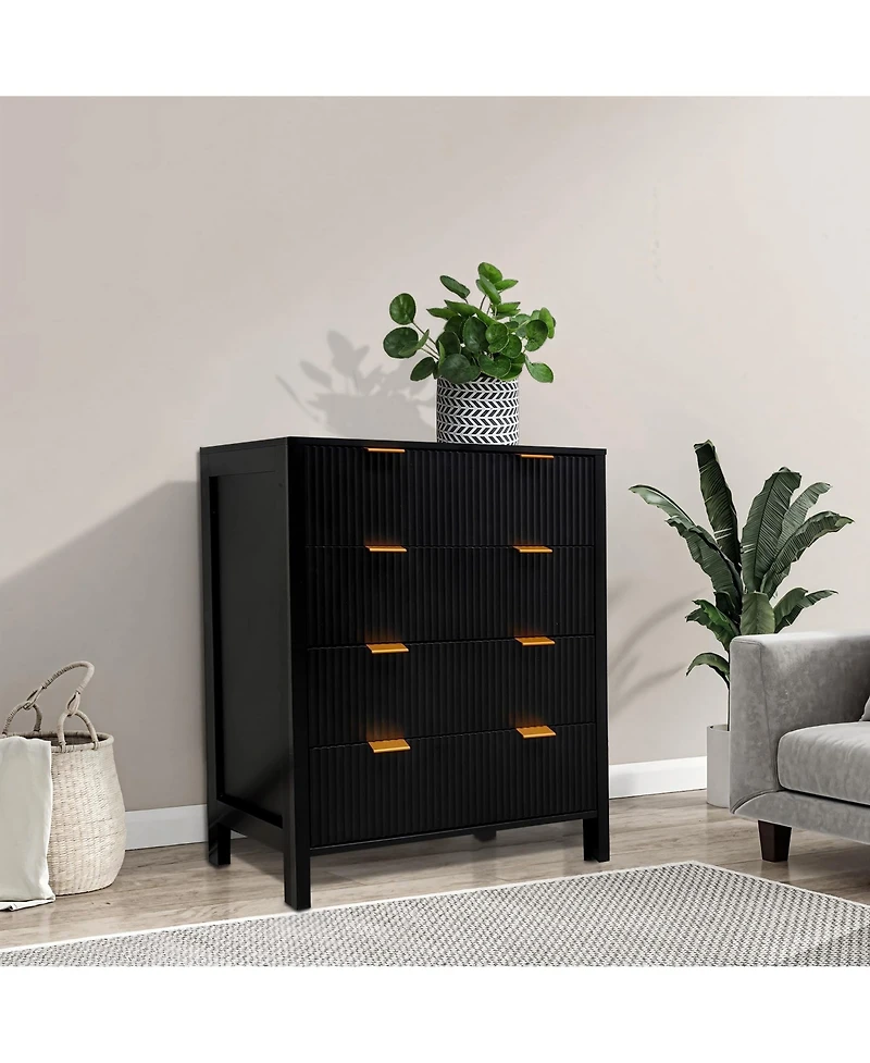 gaomon 4 Drawer Fluted Dresser for Bedroom, Modern Wood Chest with Gold Handles, Narrow Storage Cabinet or Tv Stand