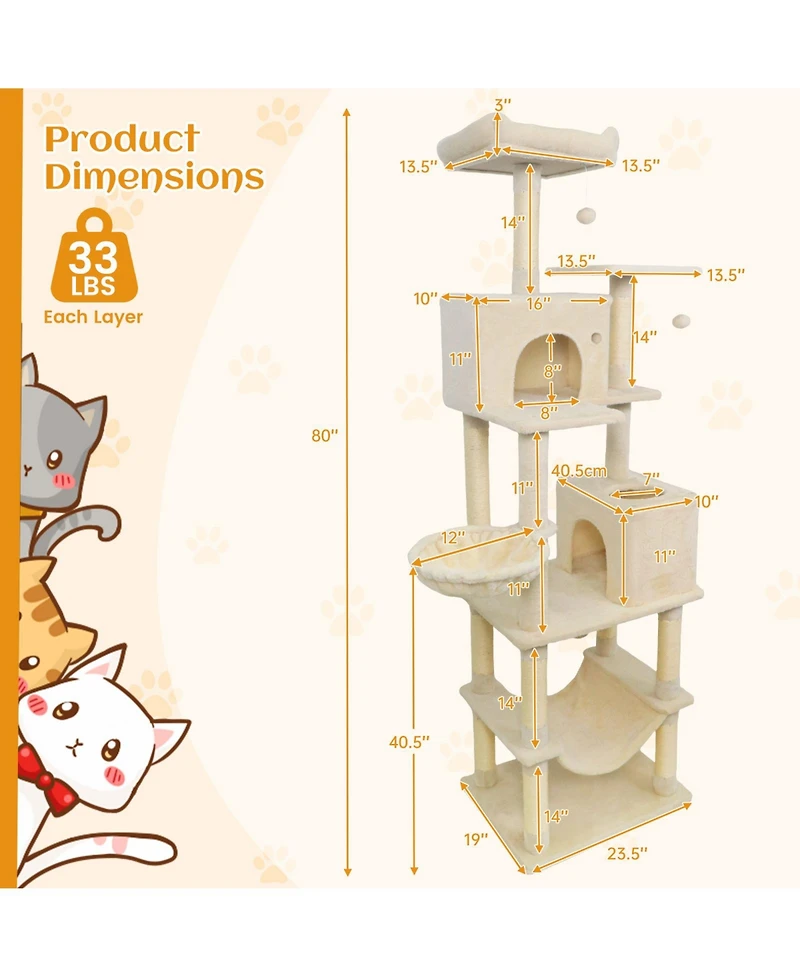 Cozito Cat Tree 80 inch Tall with 2 Large Condos and Dangling Toys