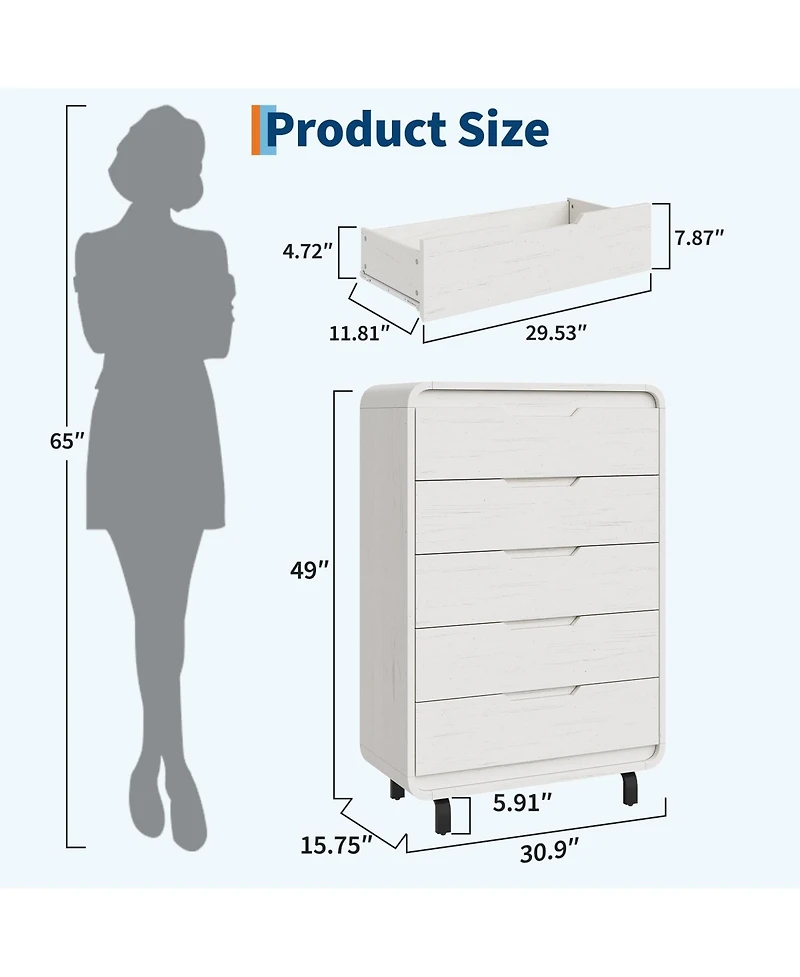 gaomon 48" Tall 5 Drawer Wood Dresser with Handleless and Detachable Legs, Modern Storage Chest