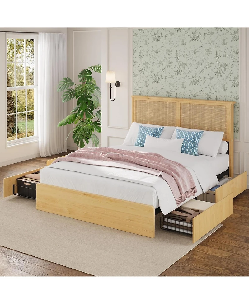 gaomon Size Rattan Bed Frame with 4 Storage Drawer, Boho Style Rattan Bed with Led Light and Natural Headboard, Sturdy Wooden Slats Support