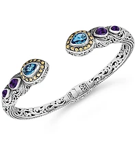 Devata Swiss Blue Topaz, Amethyst and Ubud Cuff Bracelet Sterling Silver 18K Gold Accents