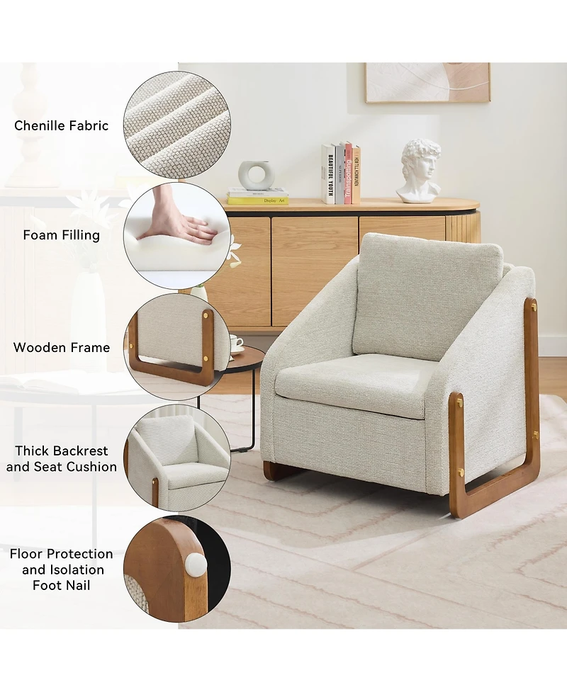 Rainsken Modern Accent Chair, Chenille Fabric Upholstered Armchair with Wooden Side Frame and Golden Nailhead Trim for Living Room, Set of 1