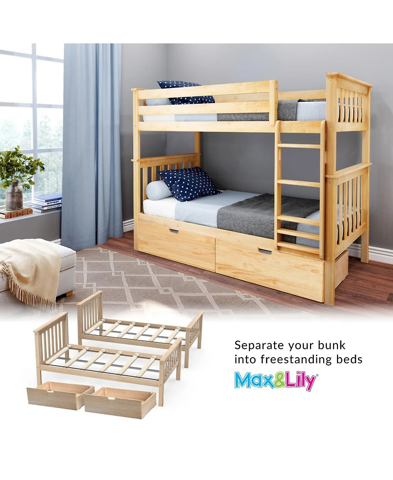 Max and Lily Solid Wood Twin over Bunk Bed for Kids with Underbed Storage Drawers