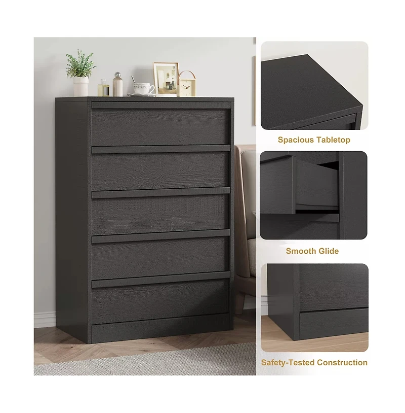 gaomon 5 Drawer Modern Handleless Dresser, 43" Tall Wooden Storage Organizer for Bedroom Living Room Nursery