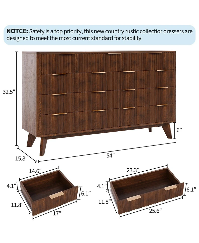 gaomon 54" Fluted 9 Drawer Wood Dresser with Metal Handles and Curved Profile, Modern Tv Stand