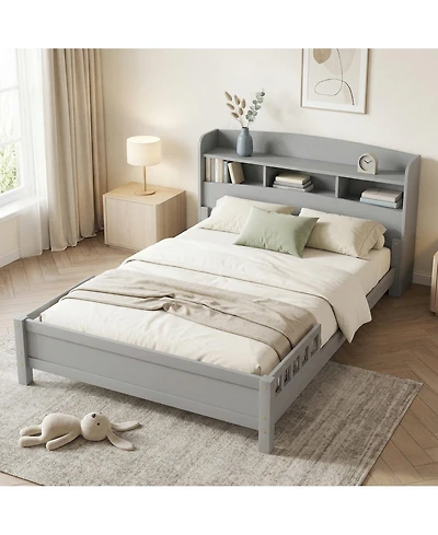 Sailvan Full Pine Wood Bed with Bookcase Headboard, Led Motion Sensor Light and Guardrails