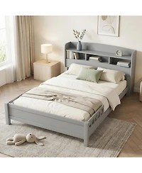 Sailvan Full Pine Wood Bed with Bookcase Headboard, Led Motion Sensor Light and Guardrails