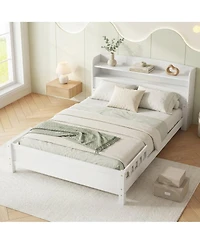 Sailvan Full Pine Wood Bed with Bookcase Headboard, Led Motion Sensor Light and Guardrails
