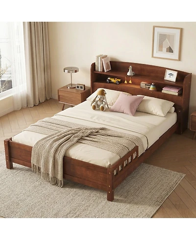 Sailvan Full Pine Wood Bed with Bookcase Headboard, Led Motion Sensor Light and Guardrails