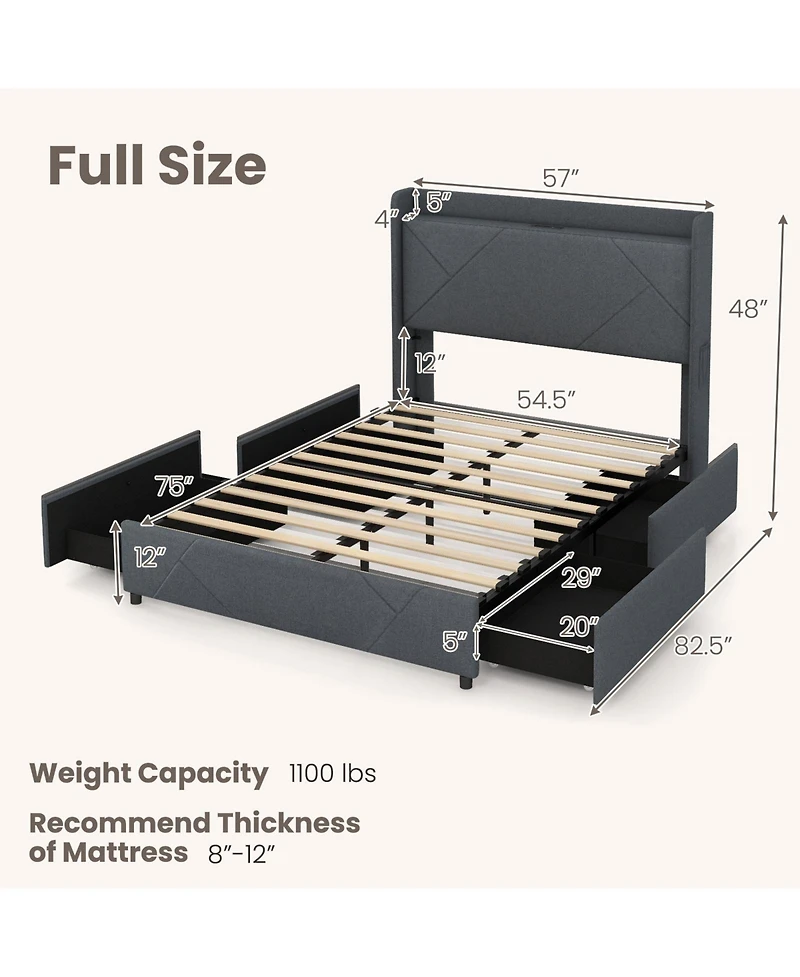 Slickblue Platform Bed Frame with Led Lighting and Usb Charging Station, Bedroom Furniture