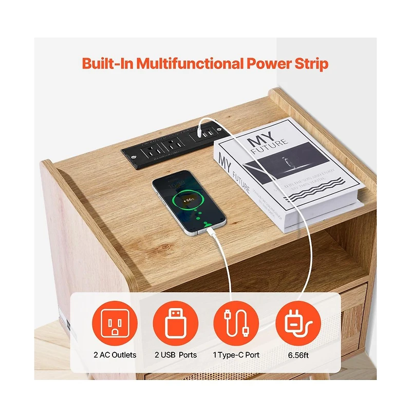 Sugift Rattan Nightstand with Built-In Charging Station, Drawer, and Open Shelf