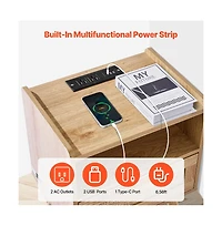 Sugift Rattan Nightstand with Built-In Charging Station, Drawer, and Open Shelf
