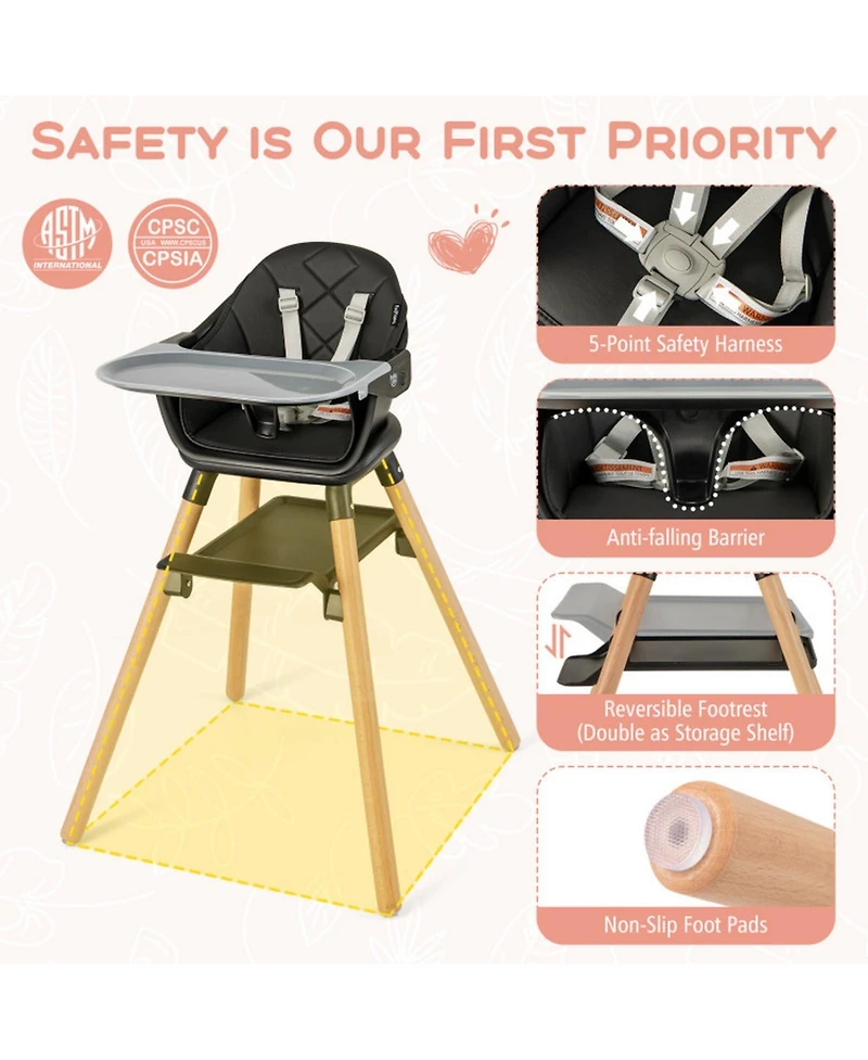 Gouun 6-in-1 Convertible Highchair with Safety Harness and Removable Tray, Ages 6M to 6Y