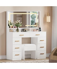 Homfan Makeup Vanity Desk Set with Large Lighted Mirror, 8 Drawers, 3 Storage Shelves, Glass Top, Stool, Built-in Power Outlet