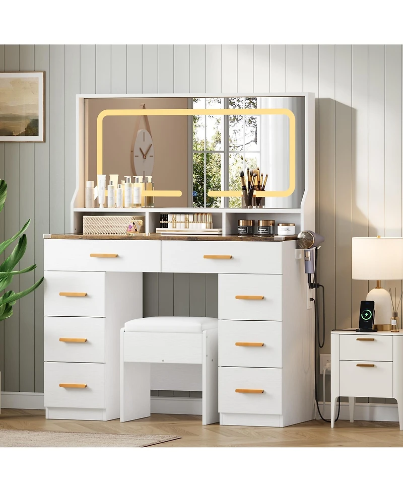 Homfan Makeup Vanity Desk Set with Large Lighted Mirror, 8 Drawers, 3 Storage Shelves, Glass Top, Stool, Built-in Power Outlet