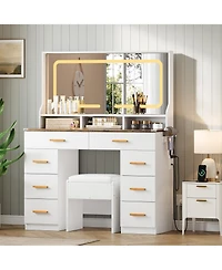 Homfan Makeup Vanity Desk Set with Large Lighted Mirror, 8 Drawers, 3 Storage Shelves, Glass Top, Stool, Built-in Power Outlet