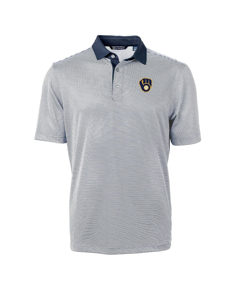 Cutter & Buck Men's Navy/White Milwaukee Brewers Virtue Eco Pique Micro Stripe Polo Shirt