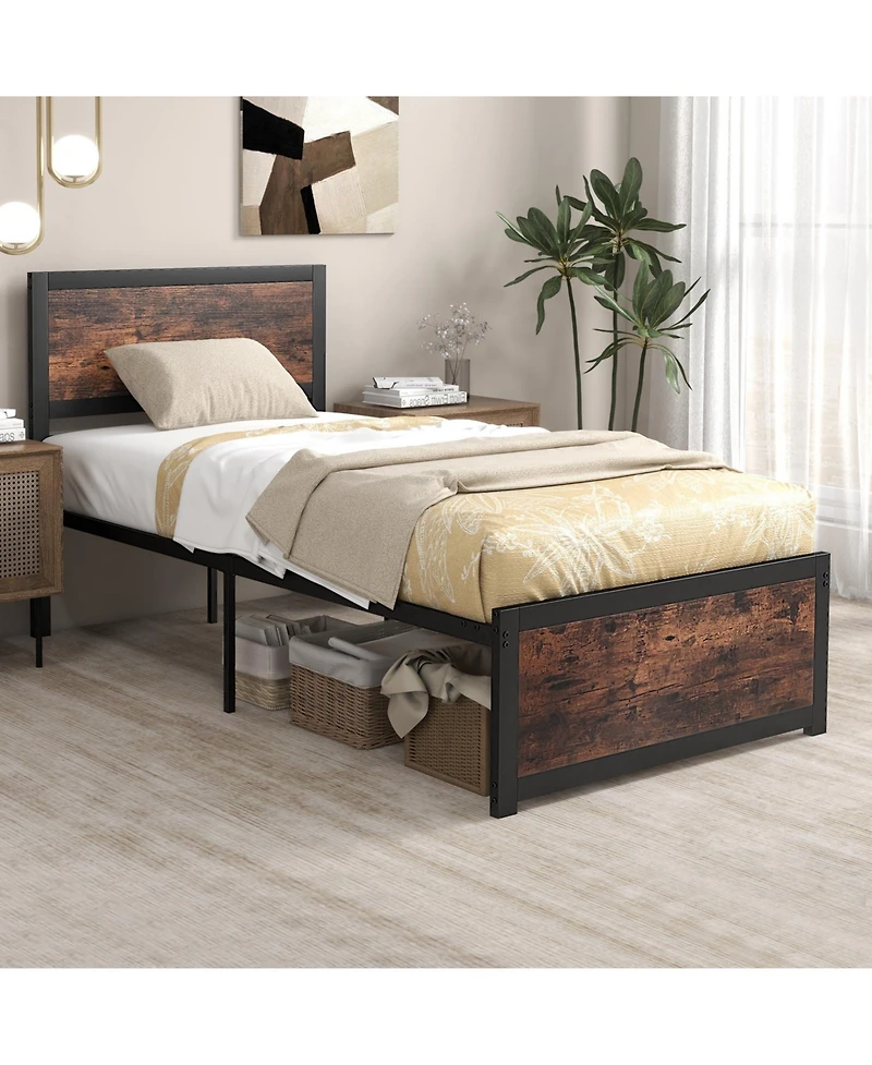 Slickblue Heavy Duty Metal Bed Frame with Tall Headboard and Noise Reducing Mute Bars-Rustic