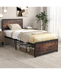 Slickblue Heavy Duty Metal Bed Frame with Tall Headboard and Noise Reducing Mute Bars-Rustic