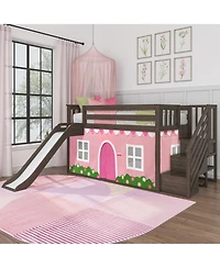 Max and Lily Low Loft With Stairs, Easy Slide Farmhouse Curtain