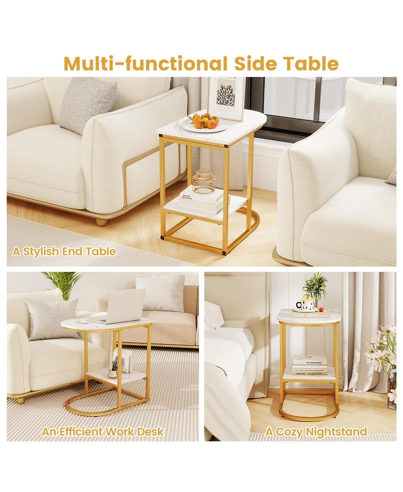 Gymax 2PCS C-Shaped Side Table Compact 2-tier Storage End for Small Space