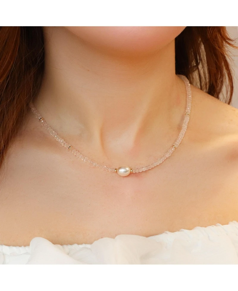 The Lovery Rose Quartz Bead Pearl Necklace 14K Gold