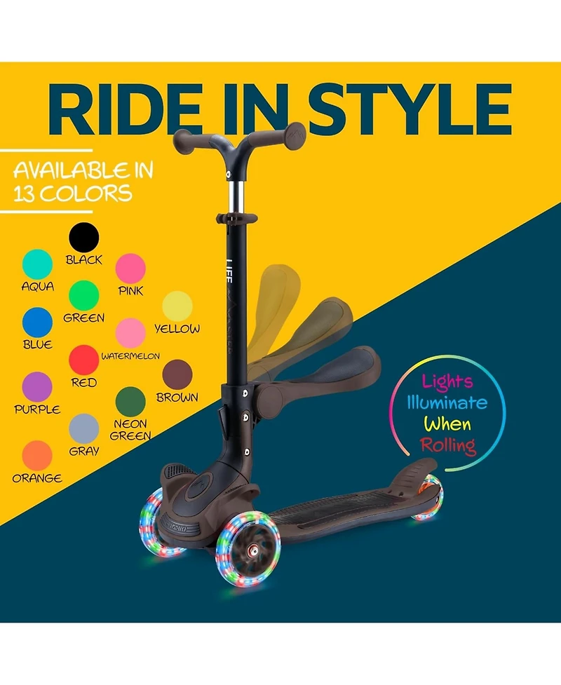 3 Wheel Scooter for Kids with Foldable Seat, Adjustable Handlebar Height, Lean-to-Steer Ride On Toy for Kids Ages 2+, Light-Up Led Wheels, Wide Anti S