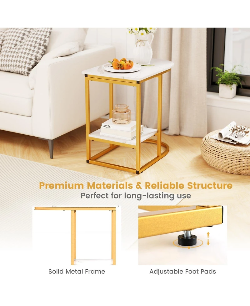 Gymax C-Shaped Side Table Compact 2-tier Storage End for Small Space