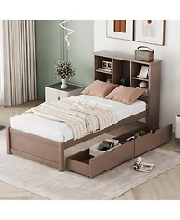 Rainsken Twin Storage Bed, with Bookcase Headboard and 2 Drawers, Built-in Usb Port, for Kids Teens Adults, No Box Spring Needed