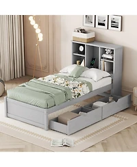 Rainsken Twin Storage Bed, with Bookcase Headboard and 2 Drawers, Built-in Usb Port, for Kids Teens Adults, No Box Spring Needed